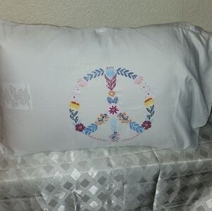 Hand Crafted Queen Pillow with Colorful Floral Peace Sign